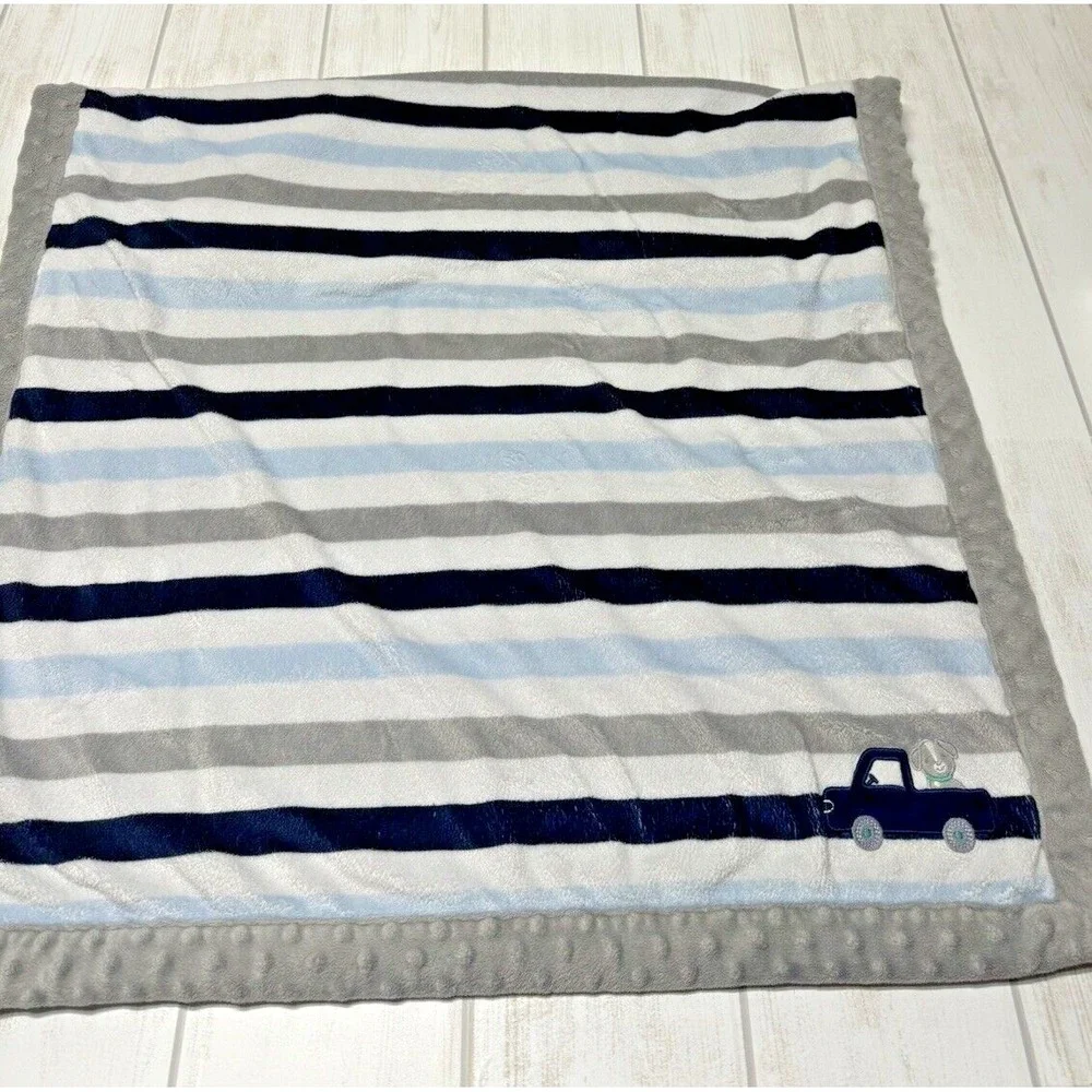 Carters Child Of Mine Grey Blue White Striped Puppy Dog Truck Baby Blanket plush